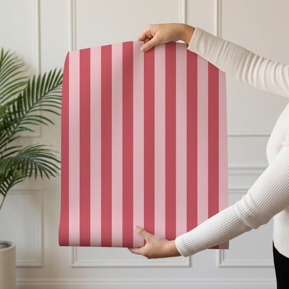 Thin Stripe Wallpaper roll in Cherry Red & Powder Pink – fine, narrow stripes on a powder pink ground