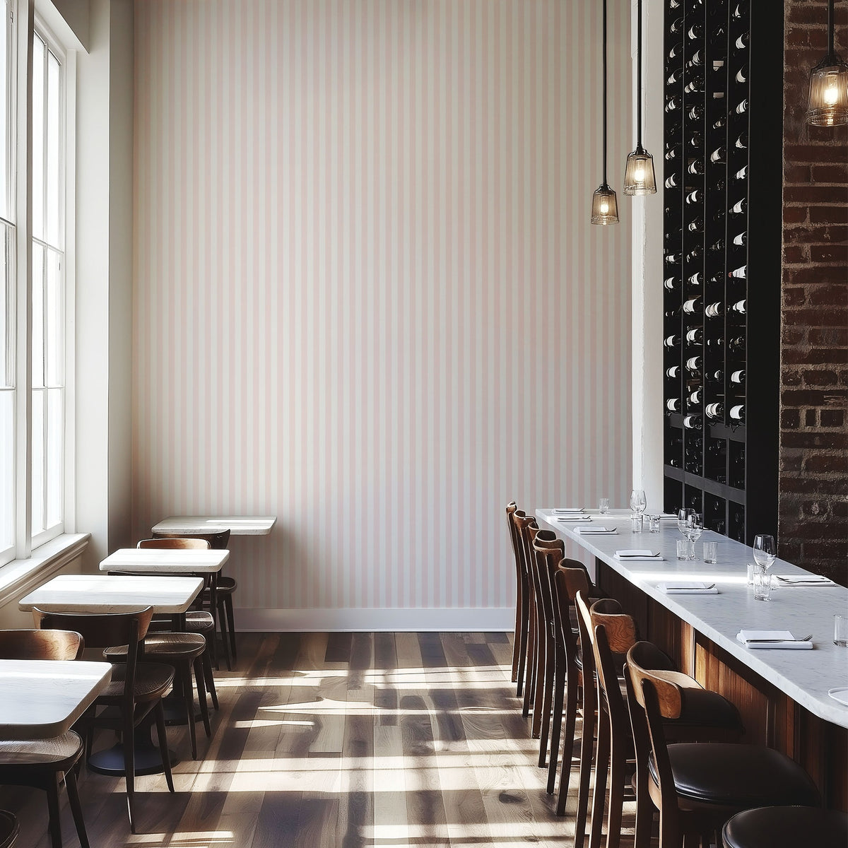 Cloud & Blossom – Thin Stripe Wallpaper styled in a boutique hotel and hospitality space