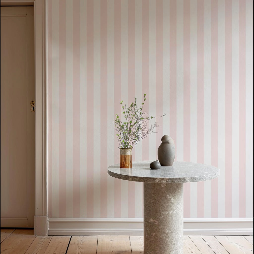 Cloud & Blossom – Thin Stripe Wallpaper styled in a hallway and home office