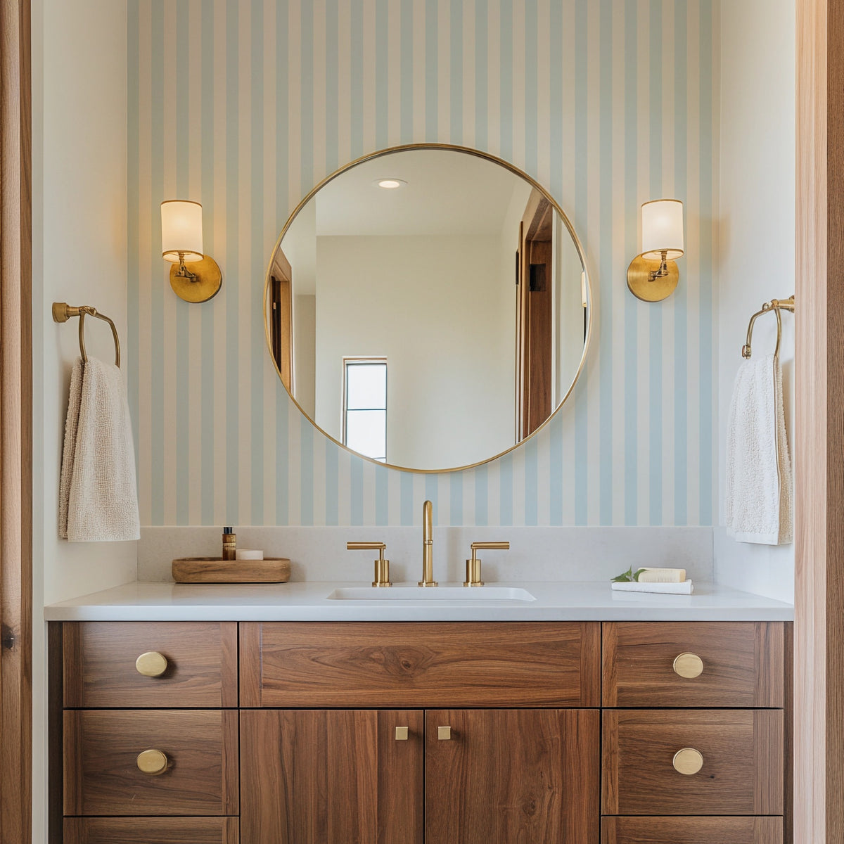 Cloud & Ice – Thin Stripe Wallpaper styled in a bathroom