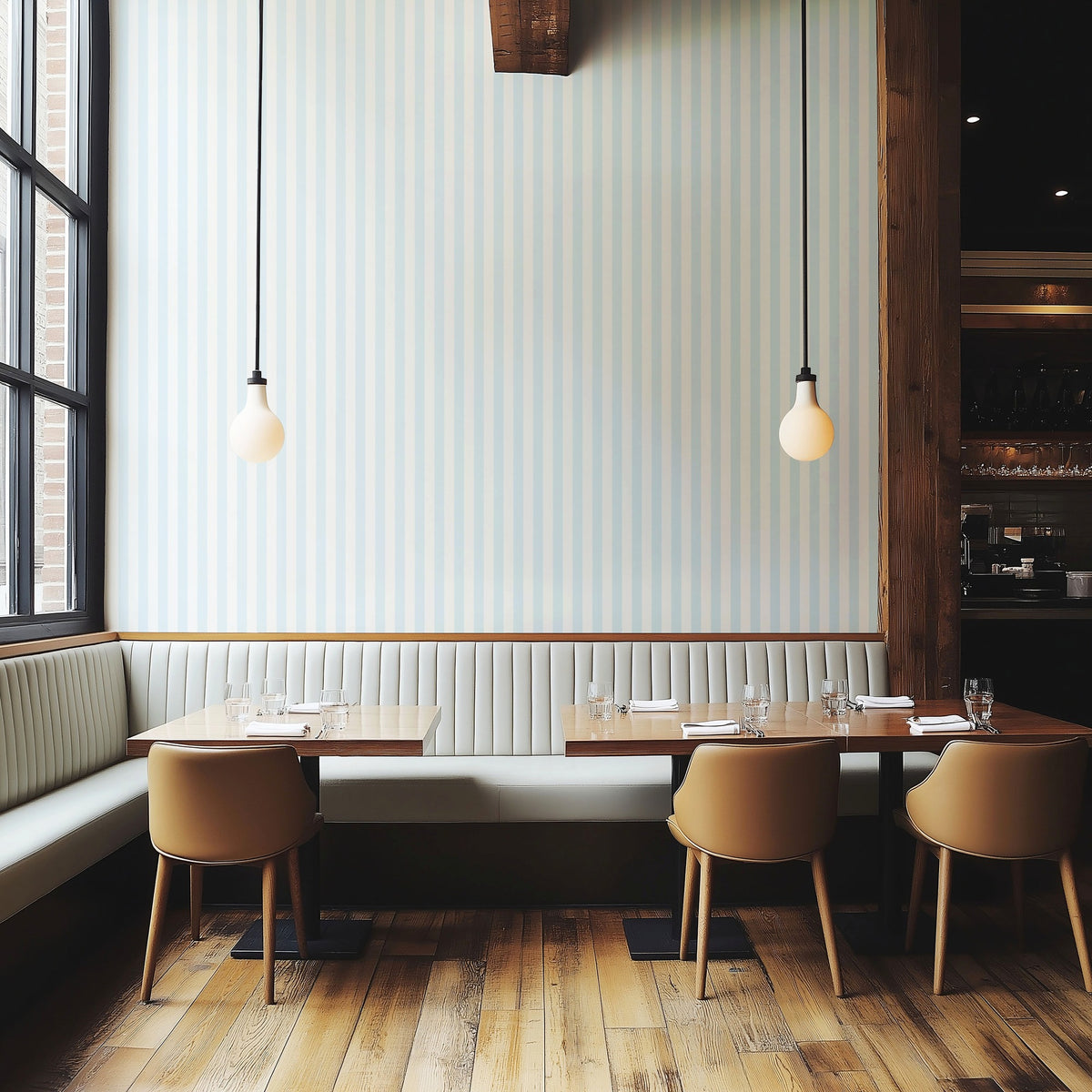 Cloud & Ice – Thin Stripe Wallpaper styled in a boutique hotel and hospitality space