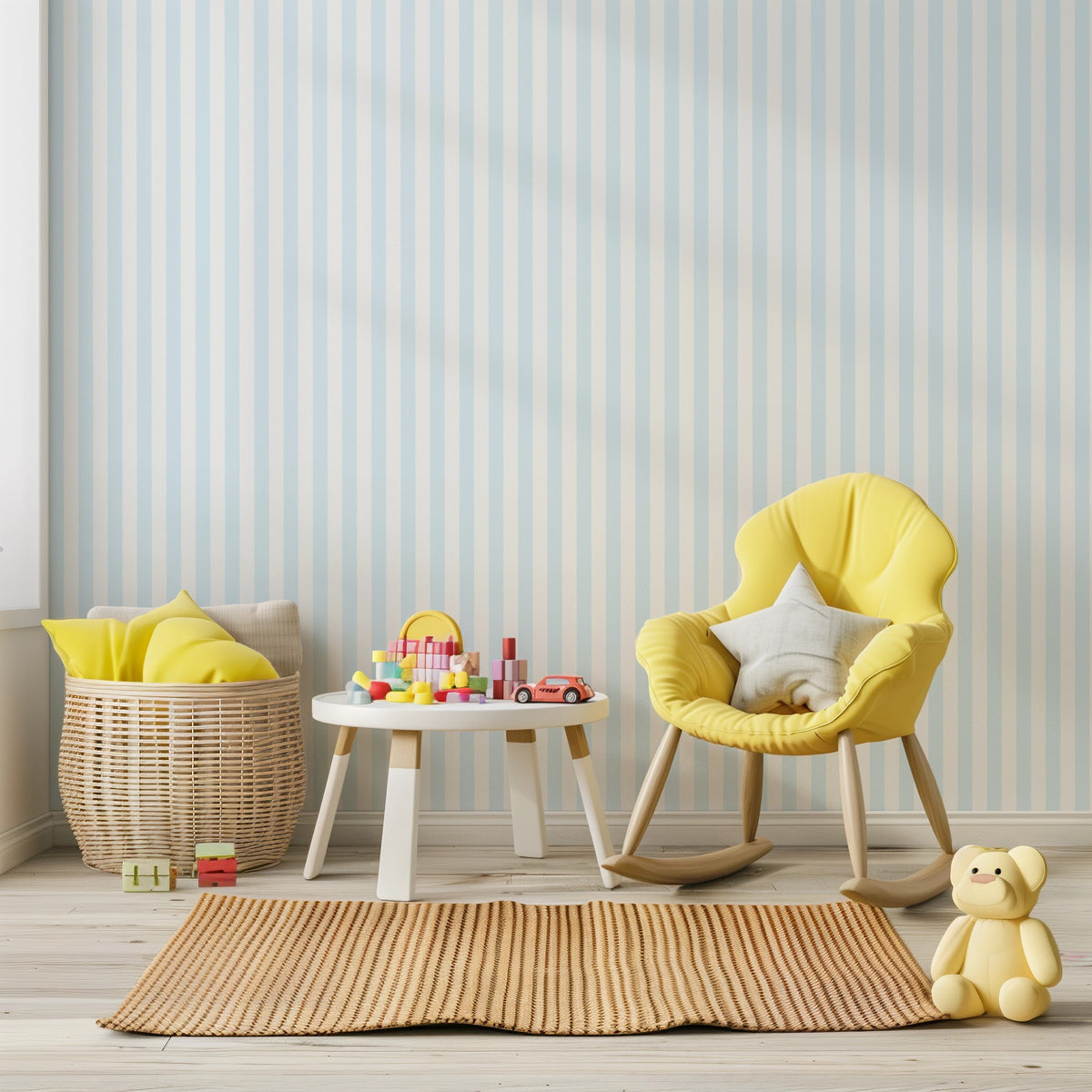 Cloud & Ice – Thin Stripe Wallpaper styled in a kids' room and nursery