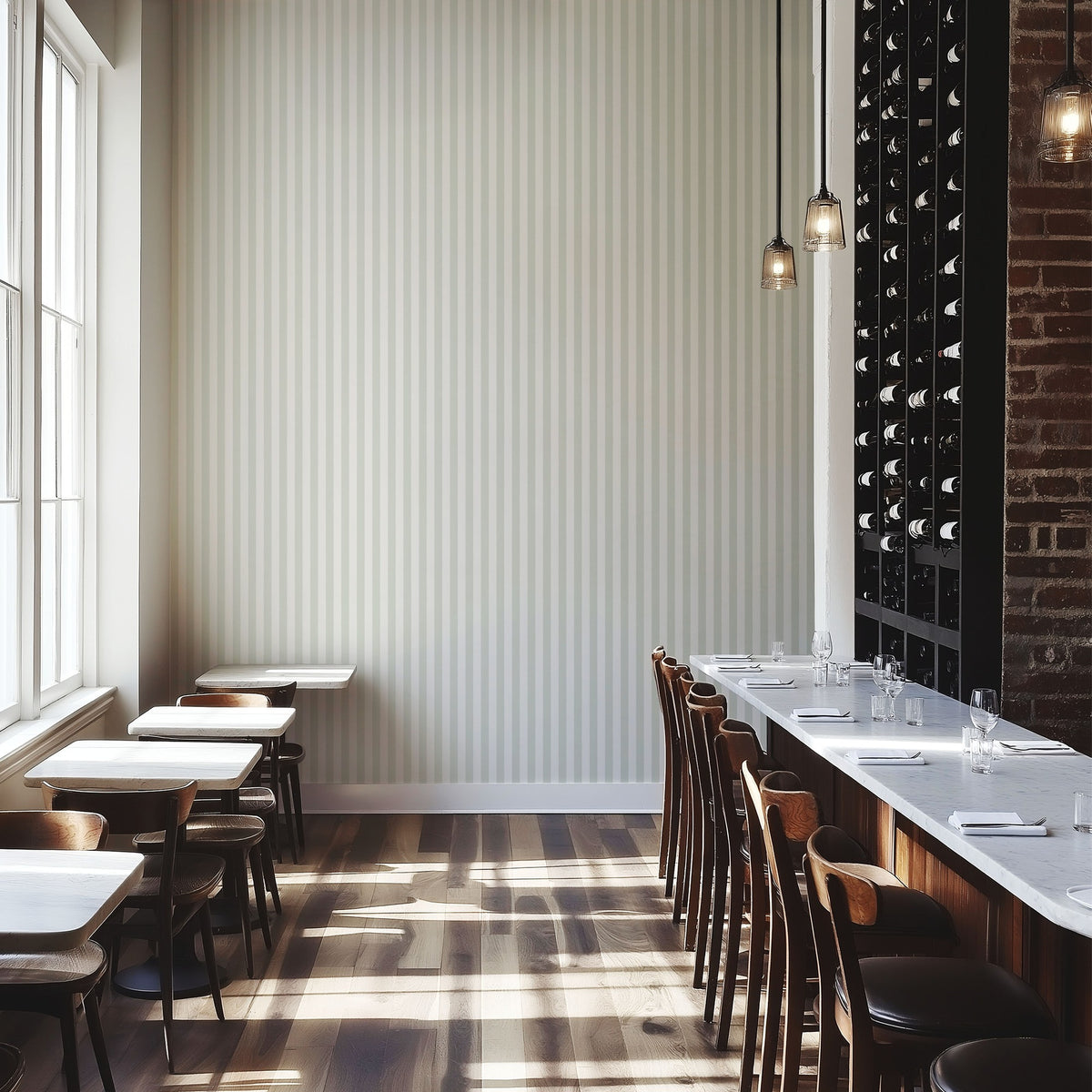 Cloud & Pale Sage – Thin Stripe Wallpaper styled in a boutique hotel and hospitality space