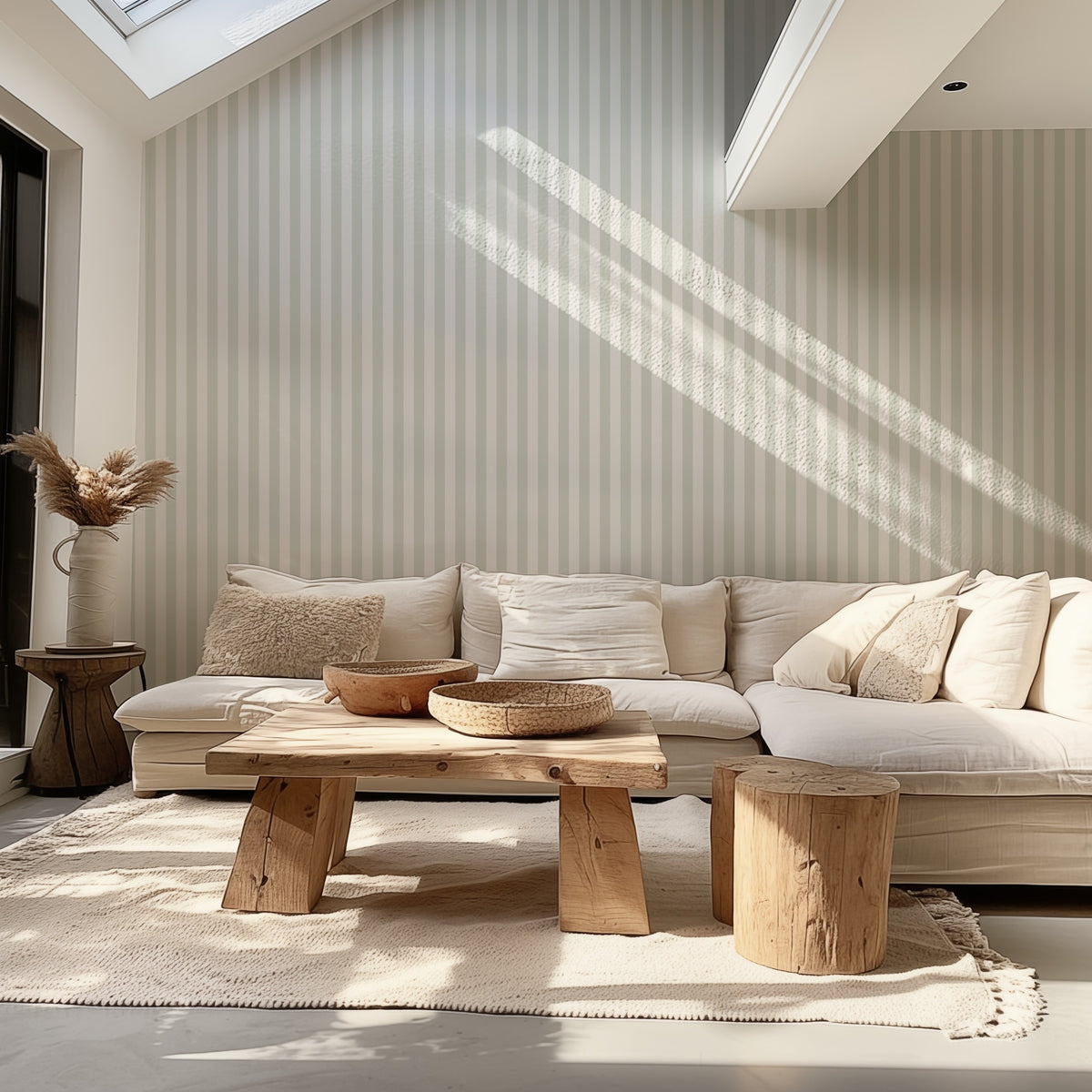 Cloud & Pale Sage – Thin Stripe Wallpaper styled in a living room