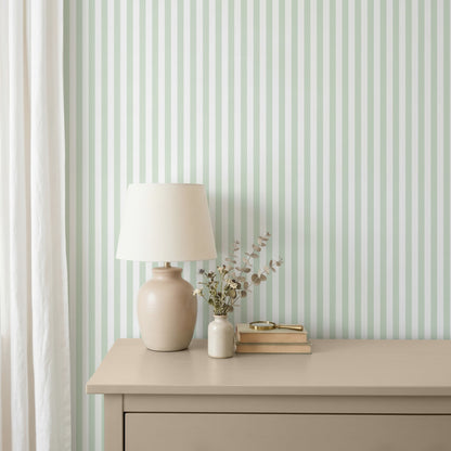Cloud & Sage – Thin Stripe Wallpaper styled in a bedroom