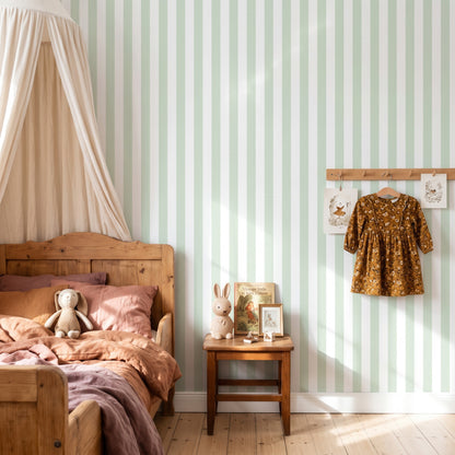 Cloud & Sage – Thin Stripe Wallpaper styled in a kids' room and nursery