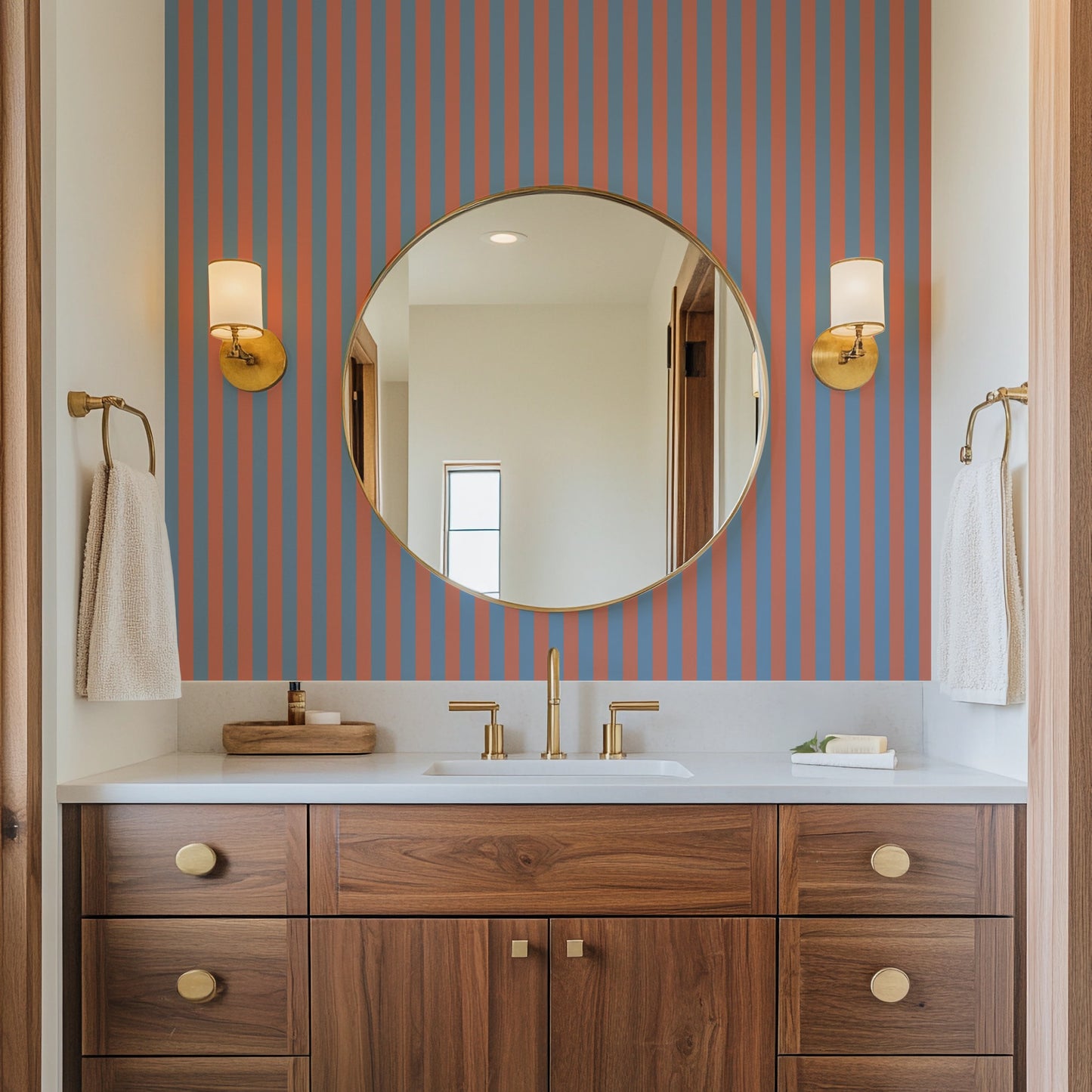 Thin Stripe Wallpaper – Cornflower Blue & Soft Coral styled in a bathroom and laundry