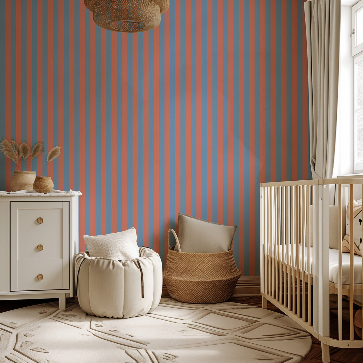 Thin Stripe Wallpaper – Cornflower Blue & Soft Coral styled in a kids' room and nursery