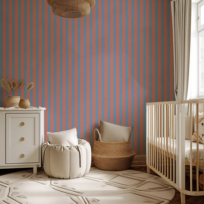 Thin Stripe Wallpaper – Cornflower Blue & Soft Coral styled in a kids' room and nursery
