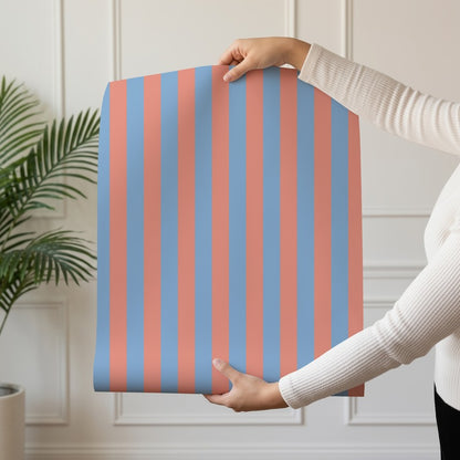 Thin Stripe Wallpaper roll in Cornflower Blue & Soft Coral – fine, narrow stripes on a soft coral ground