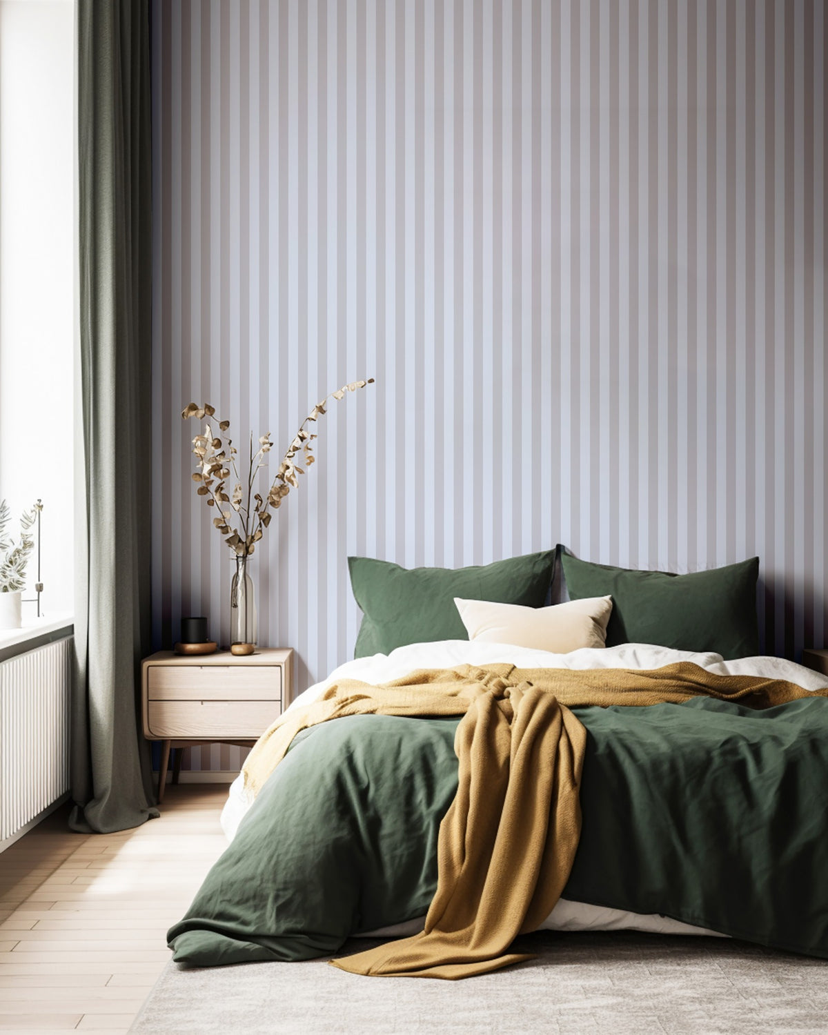 Dove Grey & Powder Blue – Thin Stripe Wallpaper styled in a bedroom