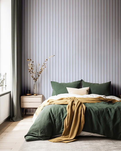 Dove Grey & Powder Blue – Thin Stripe Wallpaper styled in a bedroom