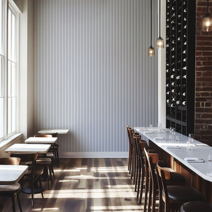 Dove Grey & Powder Blue – Thin Stripe Wallpaper styled in a boutique hotel and hospitality space