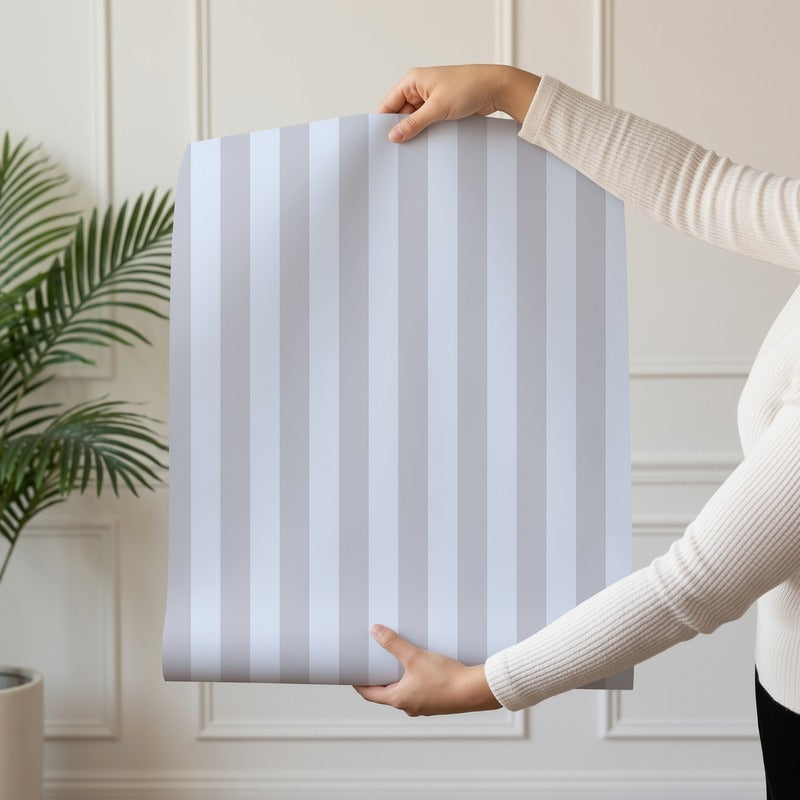 Thin Stripe Wallpaper roll in Dove Grey & Powder Blue – fine, narrow stripes on a powder blue ground
