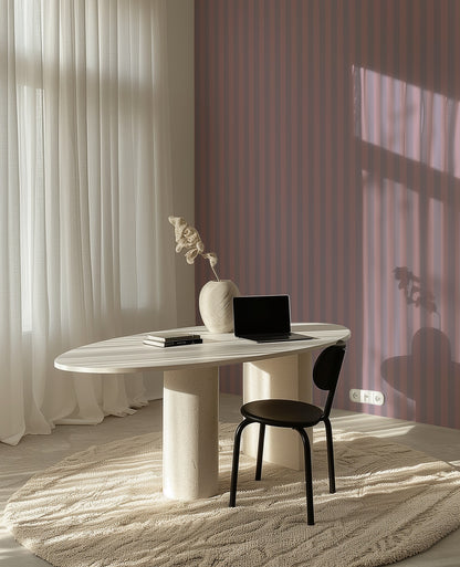 Dusty Lilac & Mauve Rose – Thin Stripe Wallpaper styled in a hallway and home office