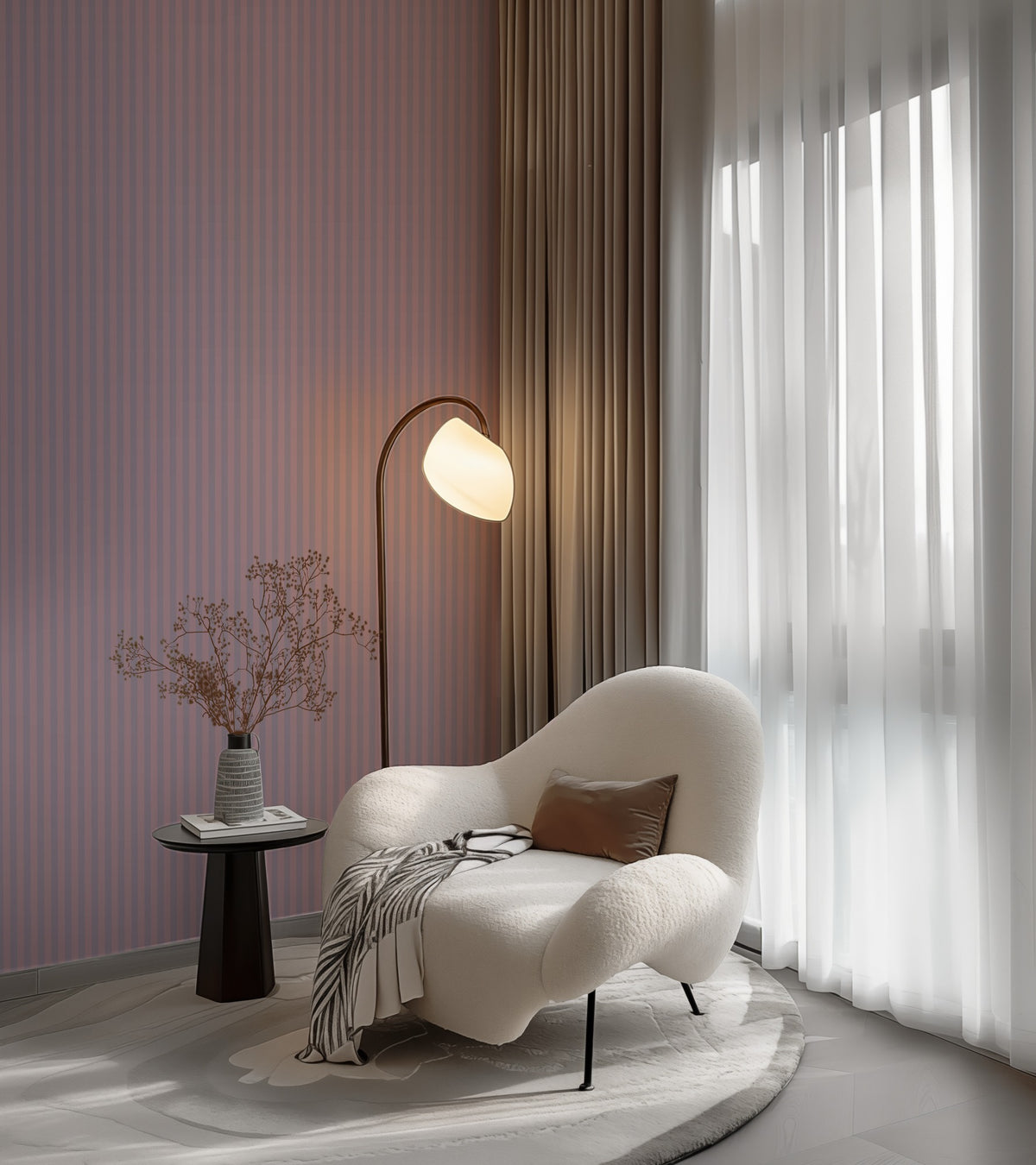 Dusty Lilac & Mauve Rose – Thin Stripe Wallpaper styled in a hallway and home office