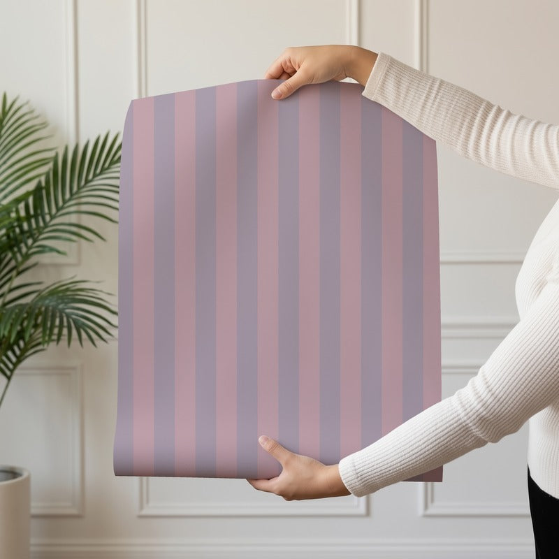 Thin Stripe Wallpaper roll in Dusty Lilac & Mauve Rose – fine, narrow stripes on a mauve rose ground