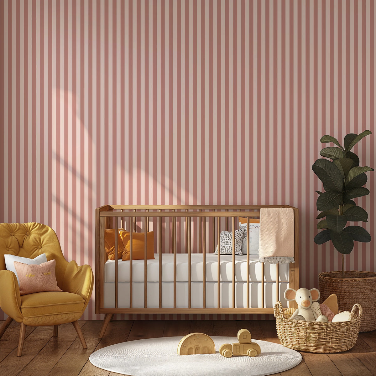 Dusty Rose & Apricot Blush – Thin Stripe Wallpaper styled in a kids' room and nursery