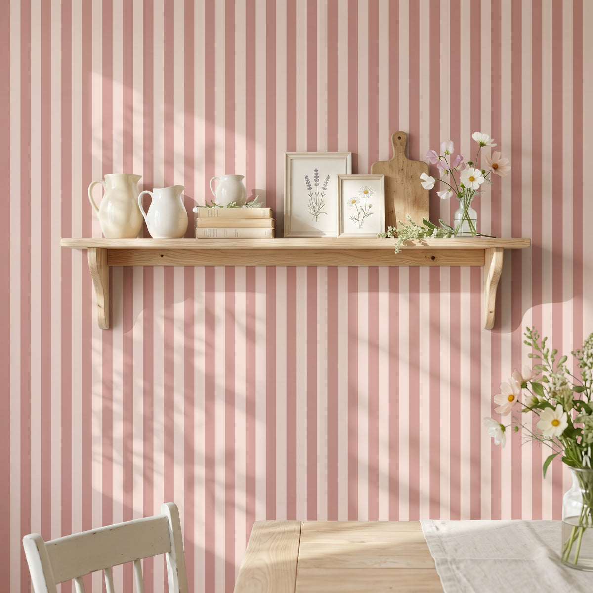 Dusty Rose & Apricot Blush – Thin Stripe Wallpaper styled in a kitchen and dining room