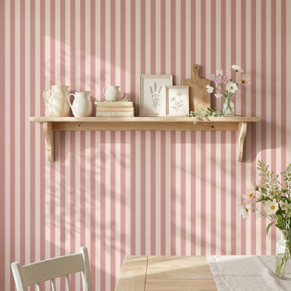 Dusty Rose & Apricot Blush – Thin Stripe Wallpaper styled in a kitchen and dining room