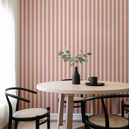 Dusty Rose & Apricot Blush – Thin Stripe Wallpaper styled in a kitchen and dining room