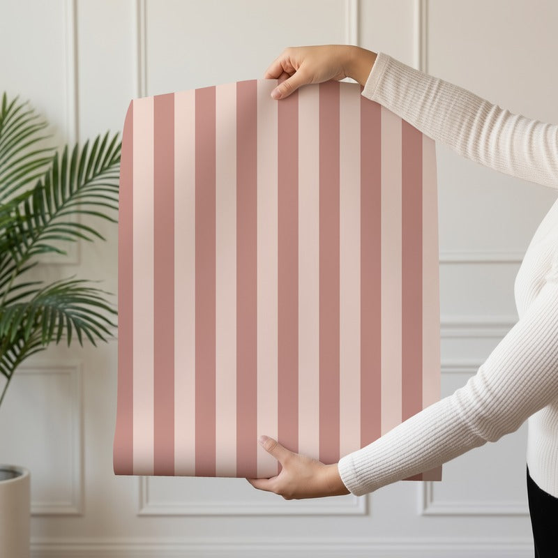 Thin Stripe Wallpaper roll in Dusty Rose & Apricot Blush – fine, narrow stripes on an apricot blush ground