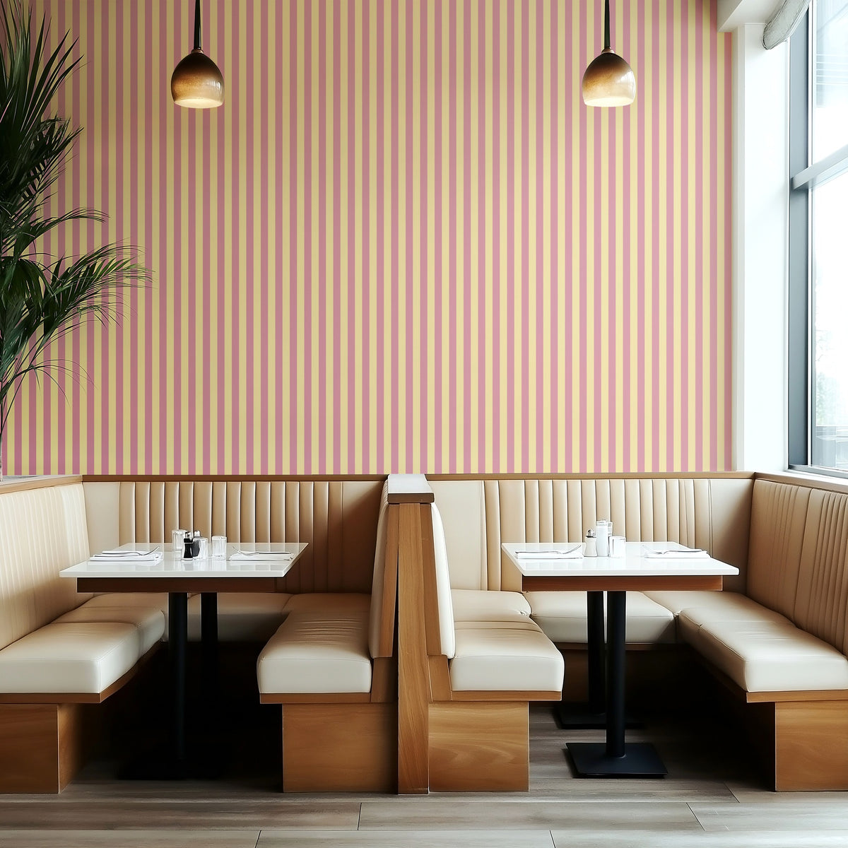 Thin Stripe Wallpaper – Dusty Rose & Buttercream styled in a boutique hotel and hospitality space