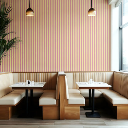 Thin Stripe Wallpaper – Dusty Rose & Buttercream styled in a boutique hotel and hospitality space