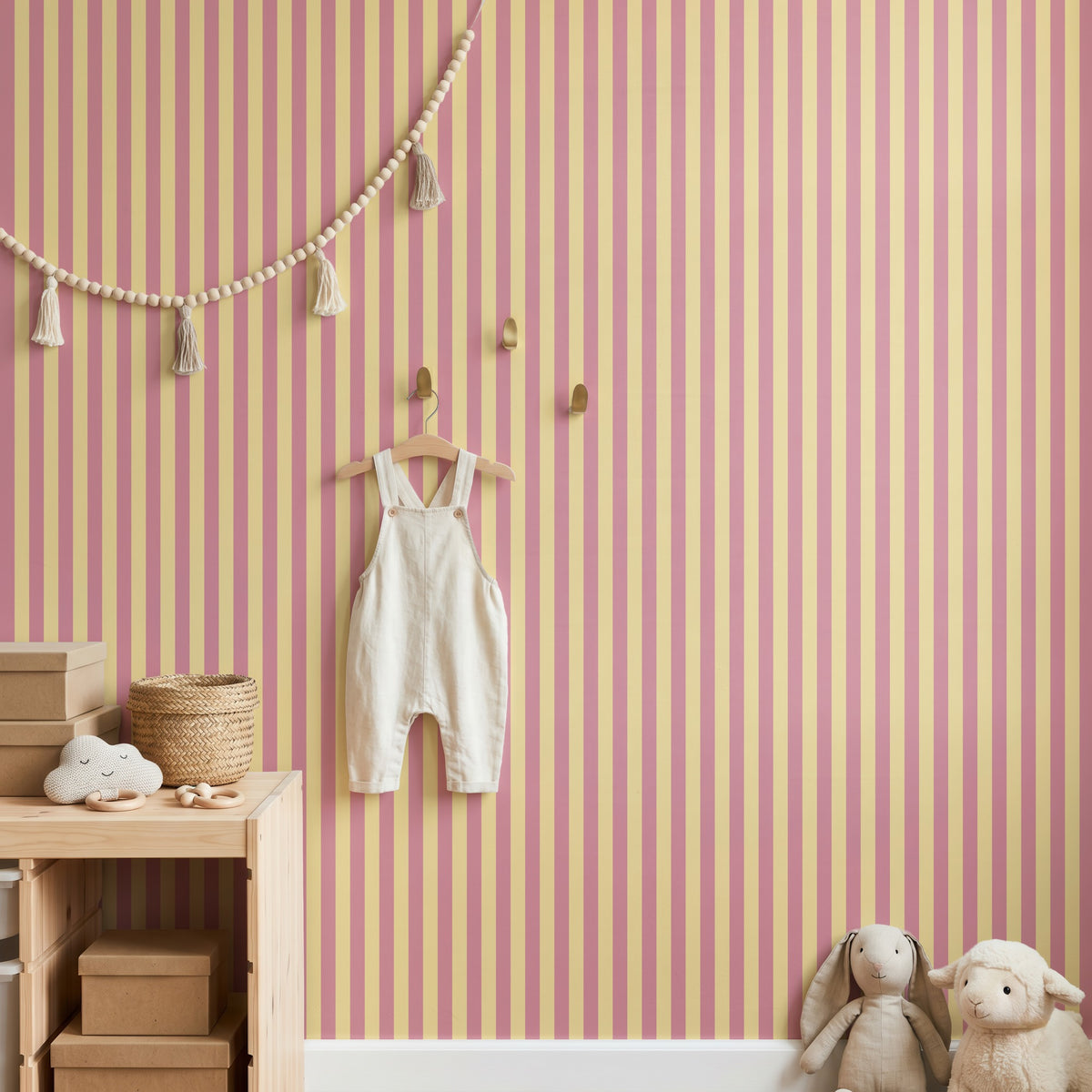 Thin Stripe Wallpaper – Dusty Rose & Buttercream styled in a kids' room and nursery