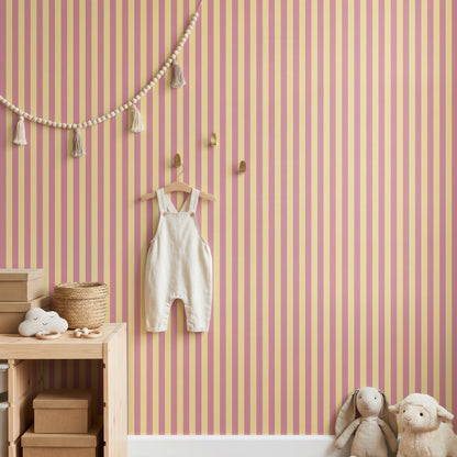 Thin Stripe Wallpaper – Dusty Rose & Buttercream styled in a kids' room and nursery