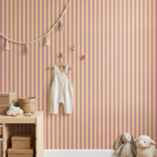 Thin Stripe Wallpaper – Dusty Rose & Buttercream styled in a kids' room and nursery