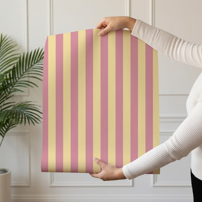 Thin Stripe Wallpaper roll in Dusty Rose & Buttercream – fine, narrow stripes on a buttercream ground