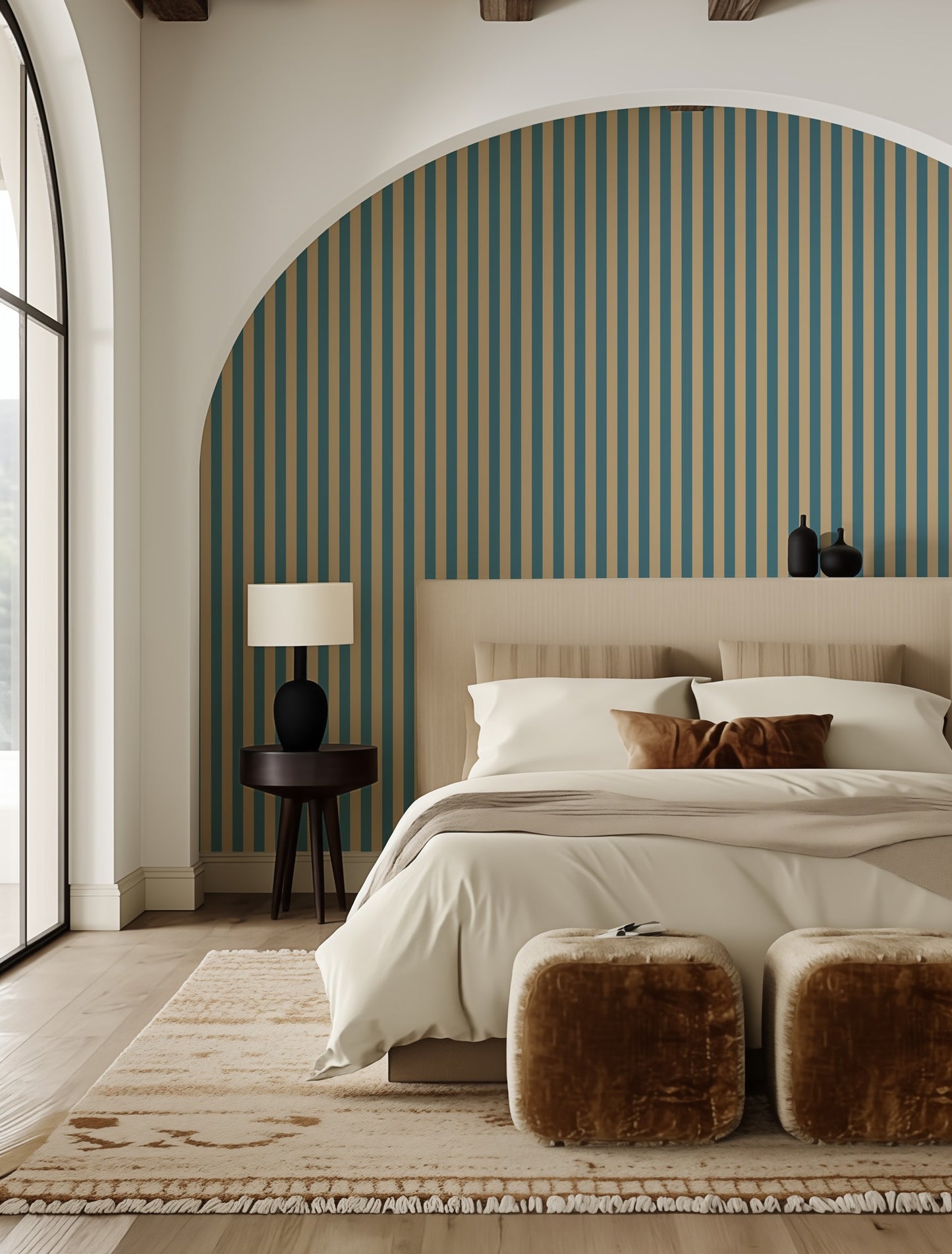 Thin Stripe Wallpaper – Dutch Blue & Warm Sand styled in a bedroom
