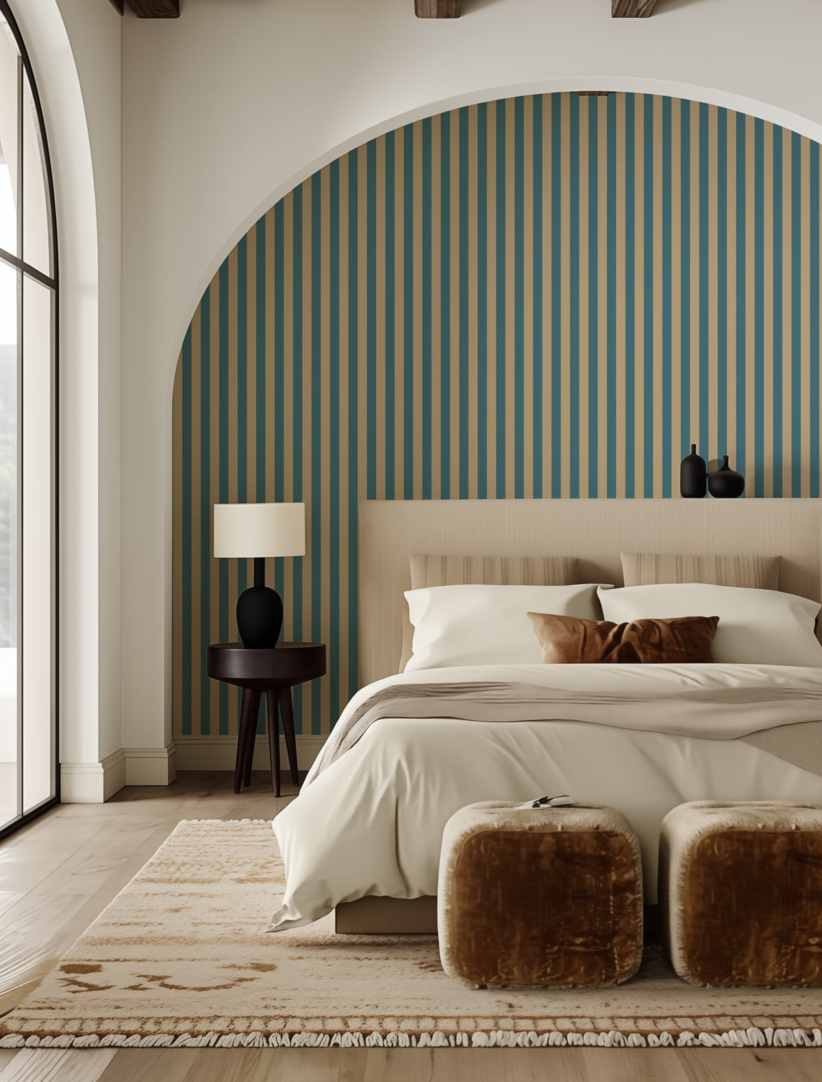 Thin Stripe Wallpaper – Dutch Blue & Warm Sand styled in a bedroom