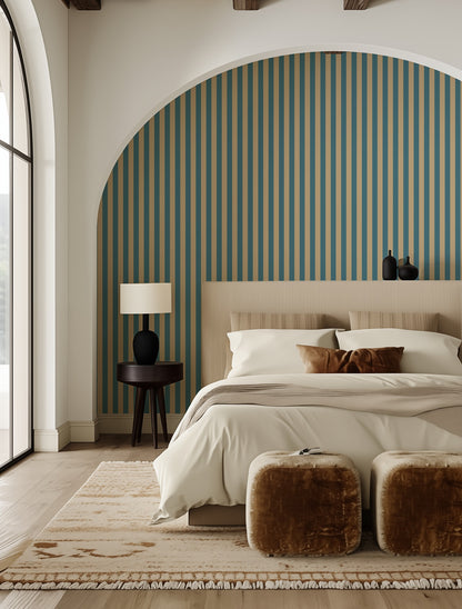 Thin Stripe Wallpaper – Dutch Blue & Warm Sand styled in a bedroom