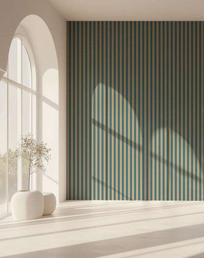 Thin Stripe Wallpaper – Dutch Blue & Warm Sand styled in a hallway and home office