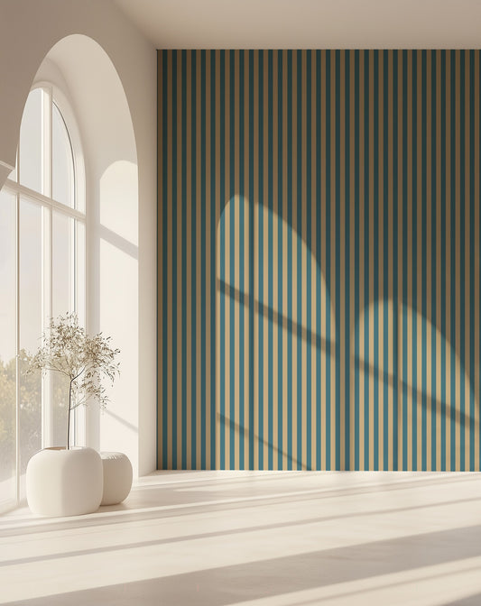 Thin Stripe Wallpaper – Dutch Blue & Warm Sand styled in a hallway and home office