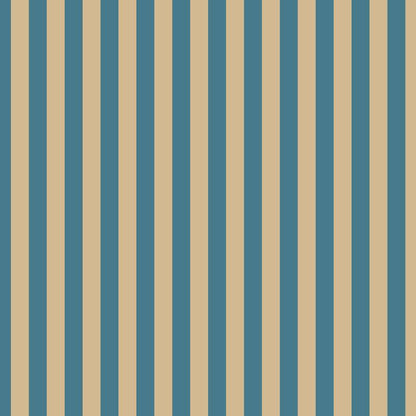 Thin Stripe Wallpaper in Dutch Blue & Warm Sand – fine, narrow stripes on a warm sand ground