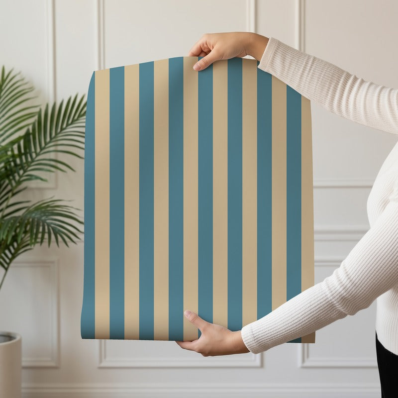 Thin Stripe Wallpaper roll in Dutch Blue & Warm Sand – fine, narrow stripes on a warm sand ground