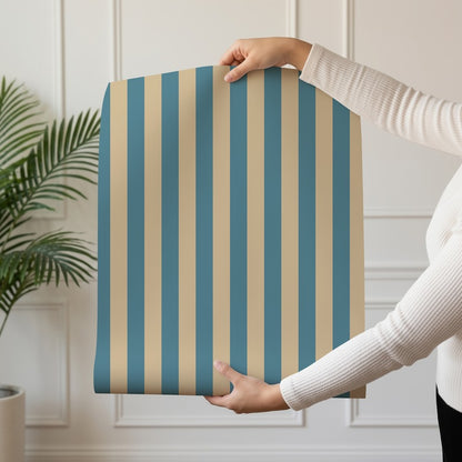 Thin Stripe Wallpaper roll in Dutch Blue & Warm Sand – fine, narrow stripes on a warm sand ground