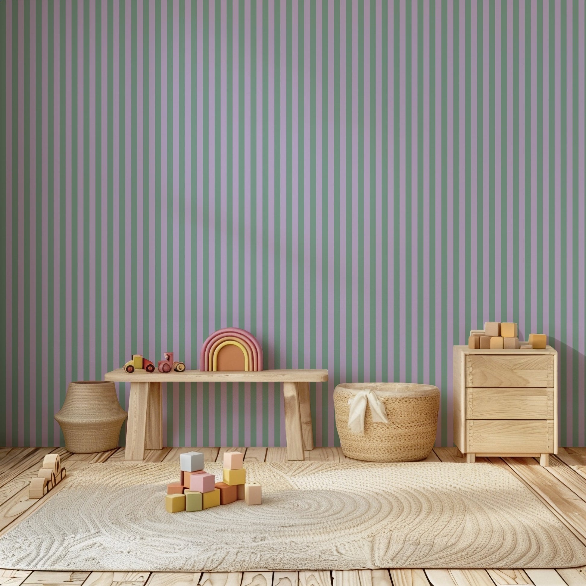 Thin Stripe Wallpaper – Eucalyptus & Soft Lilac styled in a kids' room and nursery