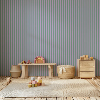 Thin Stripe Wallpaper – Eucalyptus & Soft Lilac styled in a kids' room and nursery
