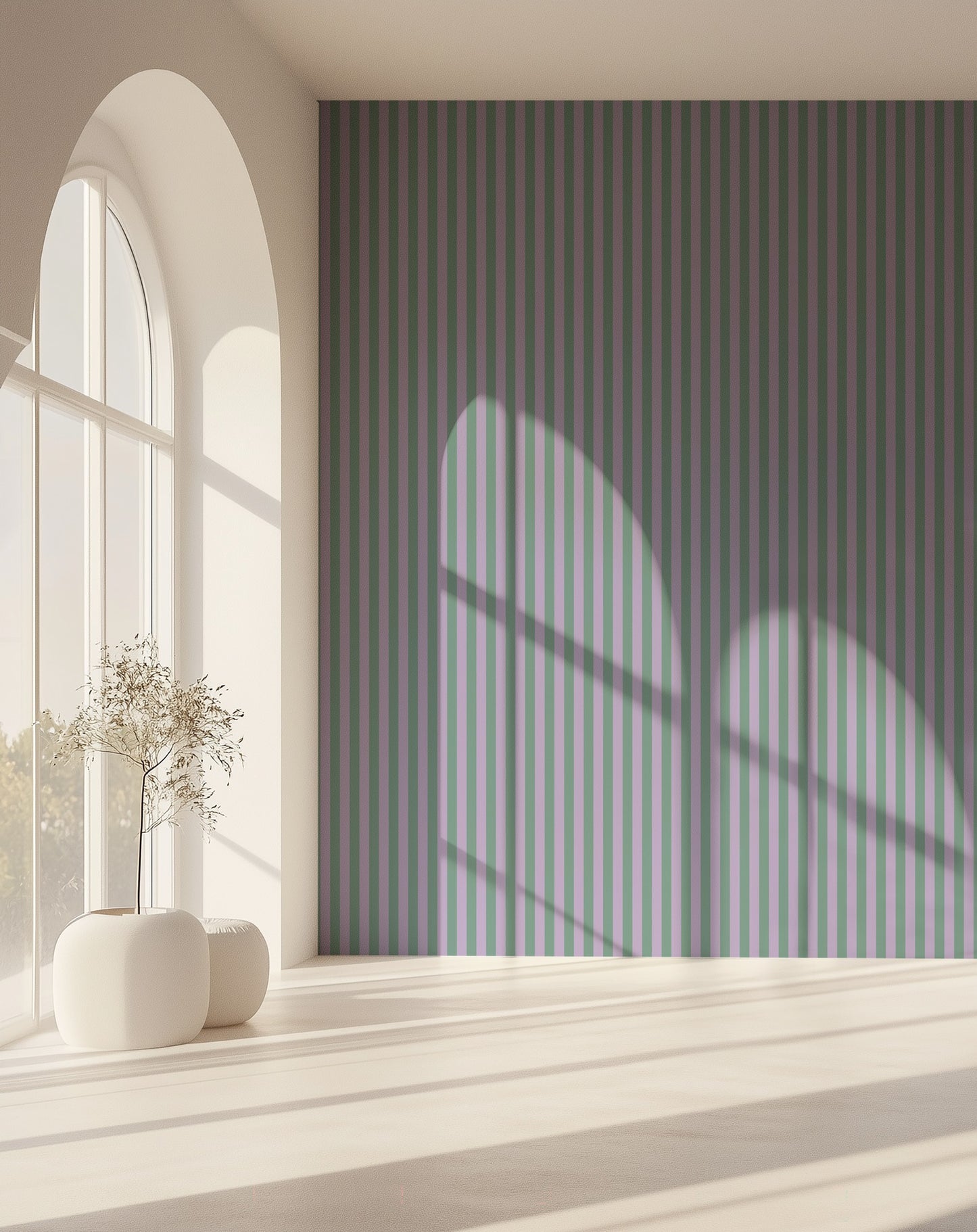 Thin Stripe Wallpaper – Eucalyptus & Soft Lilac styled in a hallway and home office