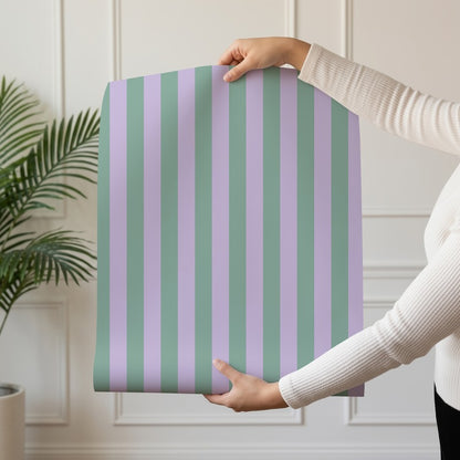 Thin Stripe Wallpaper roll in Eucalyptus & Soft Lilac – fine, narrow stripes on a soft lilac ground