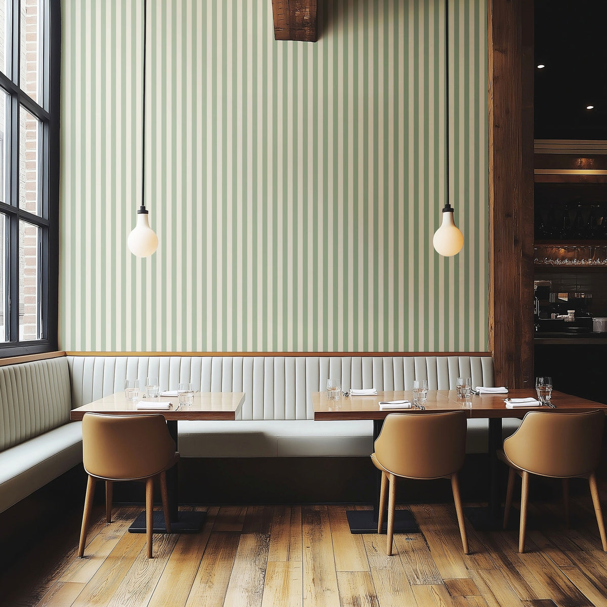 Thin Stripe Wallpaper – Gentle Sage & Warm Ivory styled in a boutique hotel and hospitality space