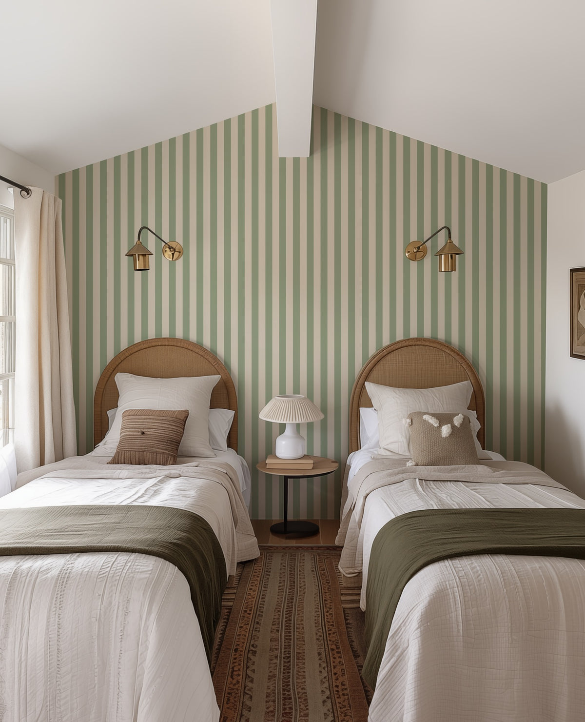 Thin Stripe Wallpaper – Gentle Sage & Warm Ivory styled in a kids' room and nursery