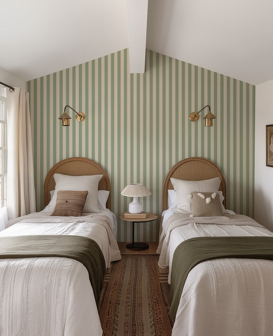 Thin Stripe Wallpaper – Gentle Sage & Warm Ivory styled in a kids' room and nursery