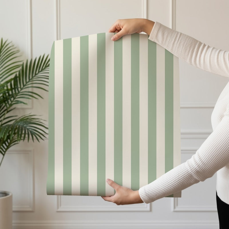 Thin Stripe Wallpaper roll in Gentle Sage & Warm Ivory – fine, narrow stripes on a warm ivory ground