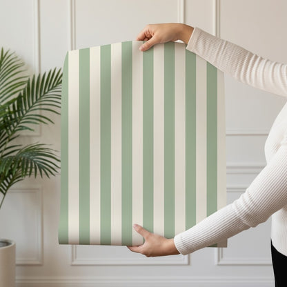 Thin Stripe Wallpaper roll in Gentle Sage & Warm Ivory – fine, narrow stripes on a warm ivory ground