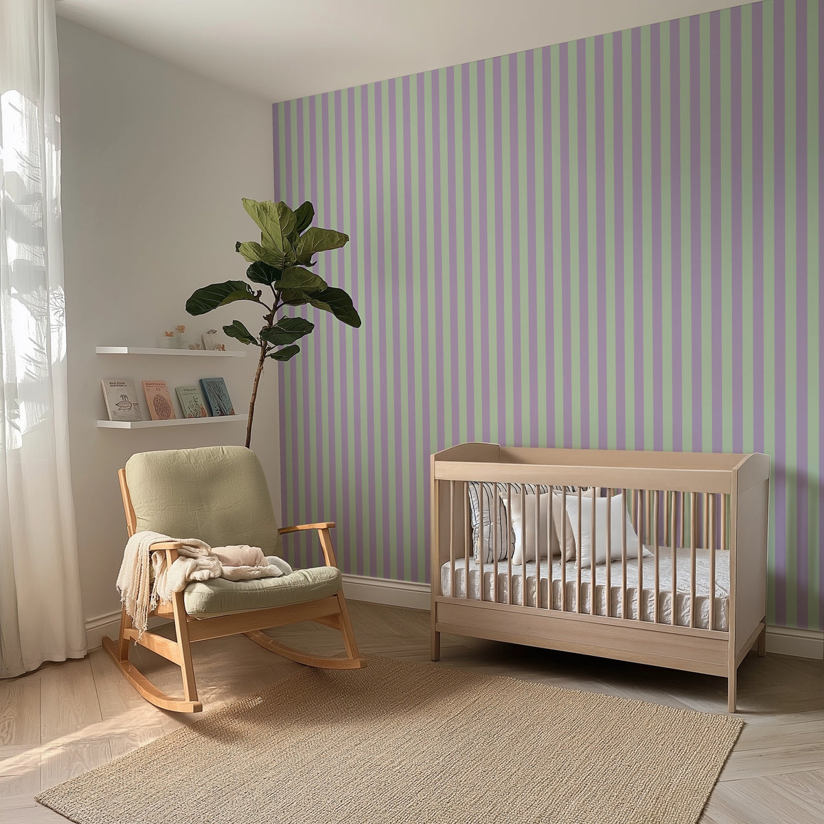 Thin Stripe Wallpaper – Lavender Mist & Mint styled in a kids' room and nursery